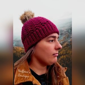 bulky Beanie hat crochet handmade burgundy pompom fall / winter seasons